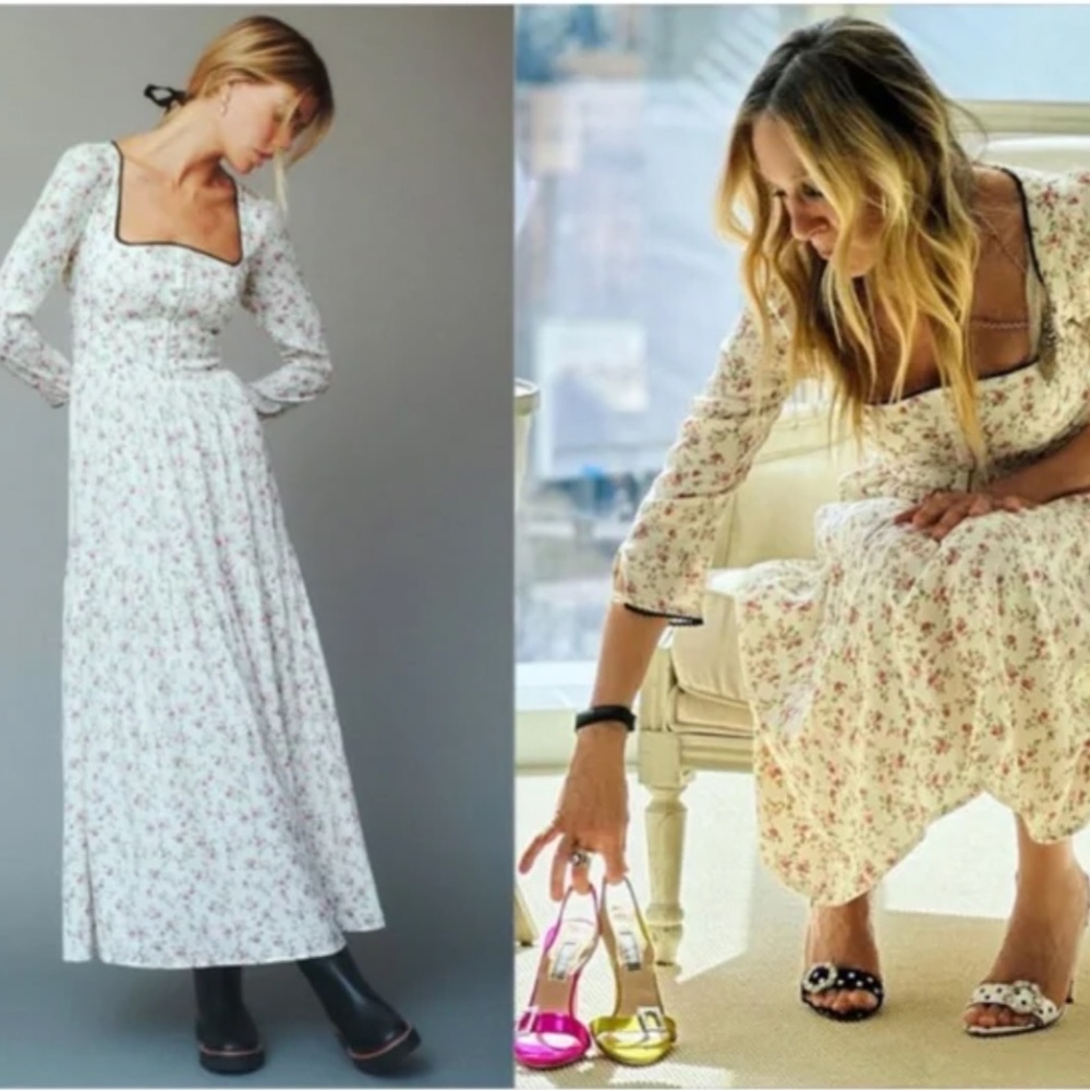 EUC Reformation Chaylyn Midi Dress Boheme Pink Ivory Floral Long Sleeve Spring